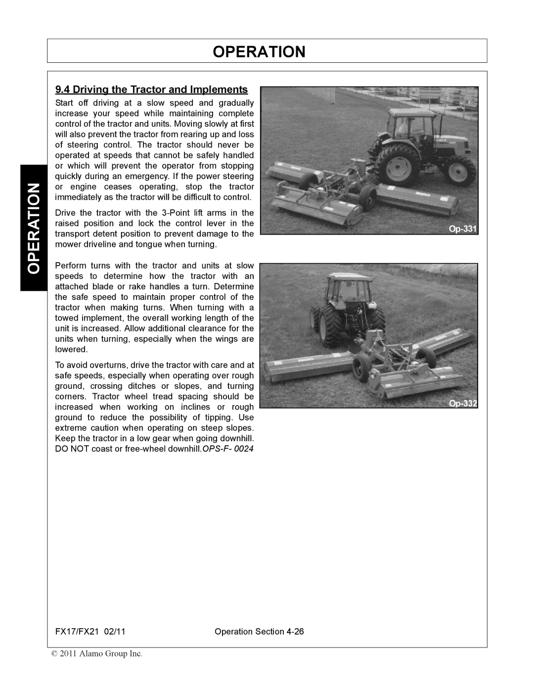 Alamo FX17, FX21 manual Driving the Tractor and Implements 