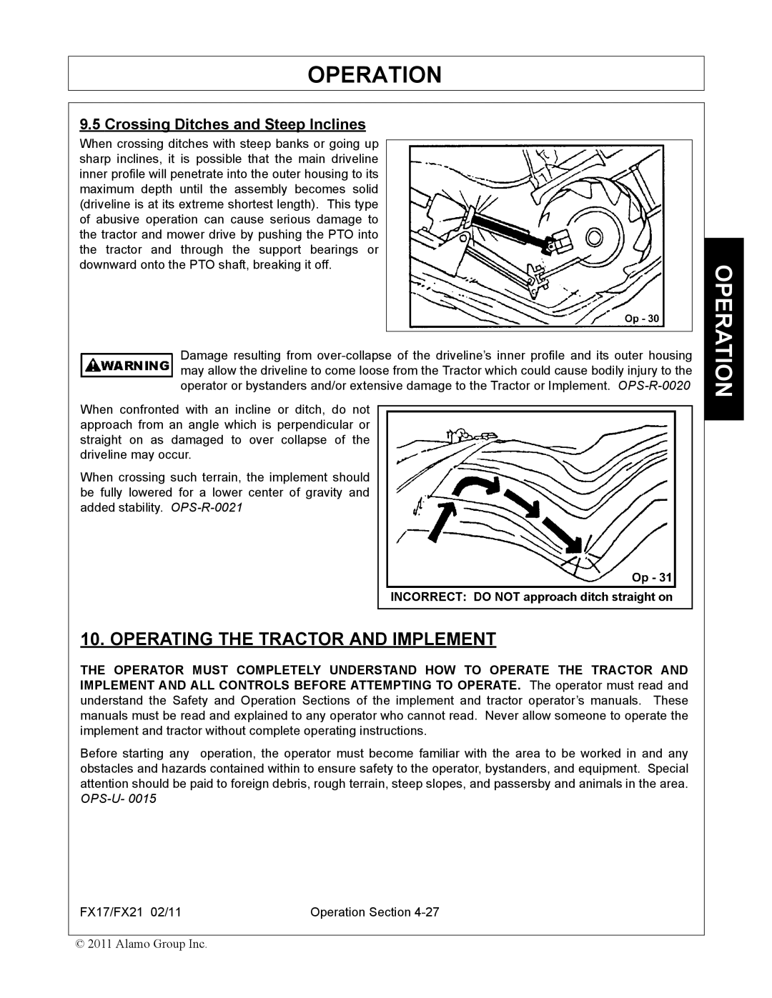 Alamo FX21, FX17 manual Operating the Tractor and Implement, Crossing Ditches and Steep Inclines 