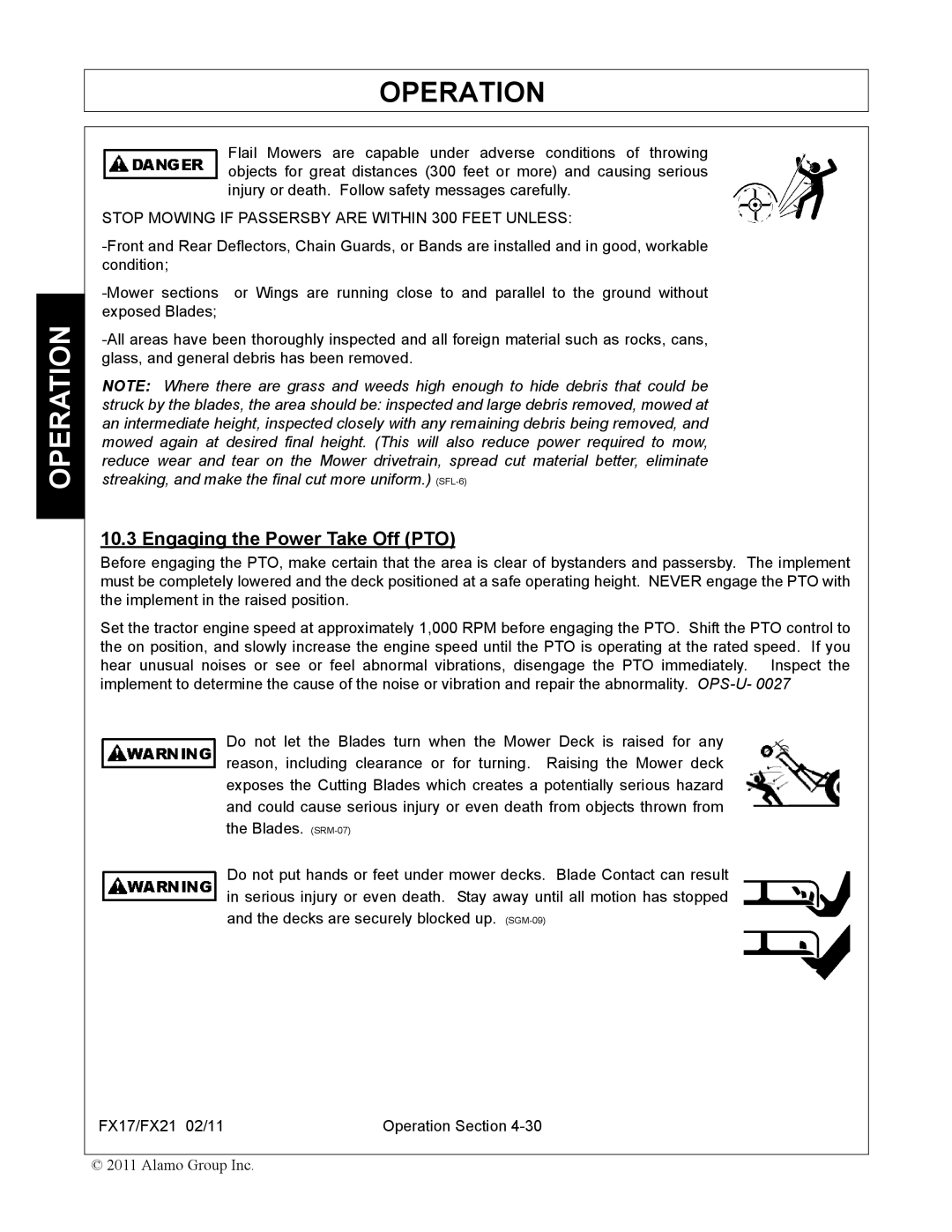 Alamo FX17, FX21 manual Engaging the Power Take Off PTO, Stop Mowing if Passersby are Within 300 Feet Unless 