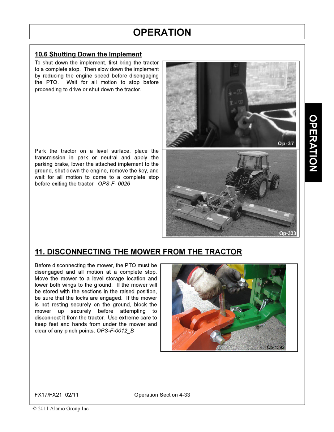 Alamo FX21, FX17 manual Disconnecting the Mower from the Tractor, Shutting Down the Implement 