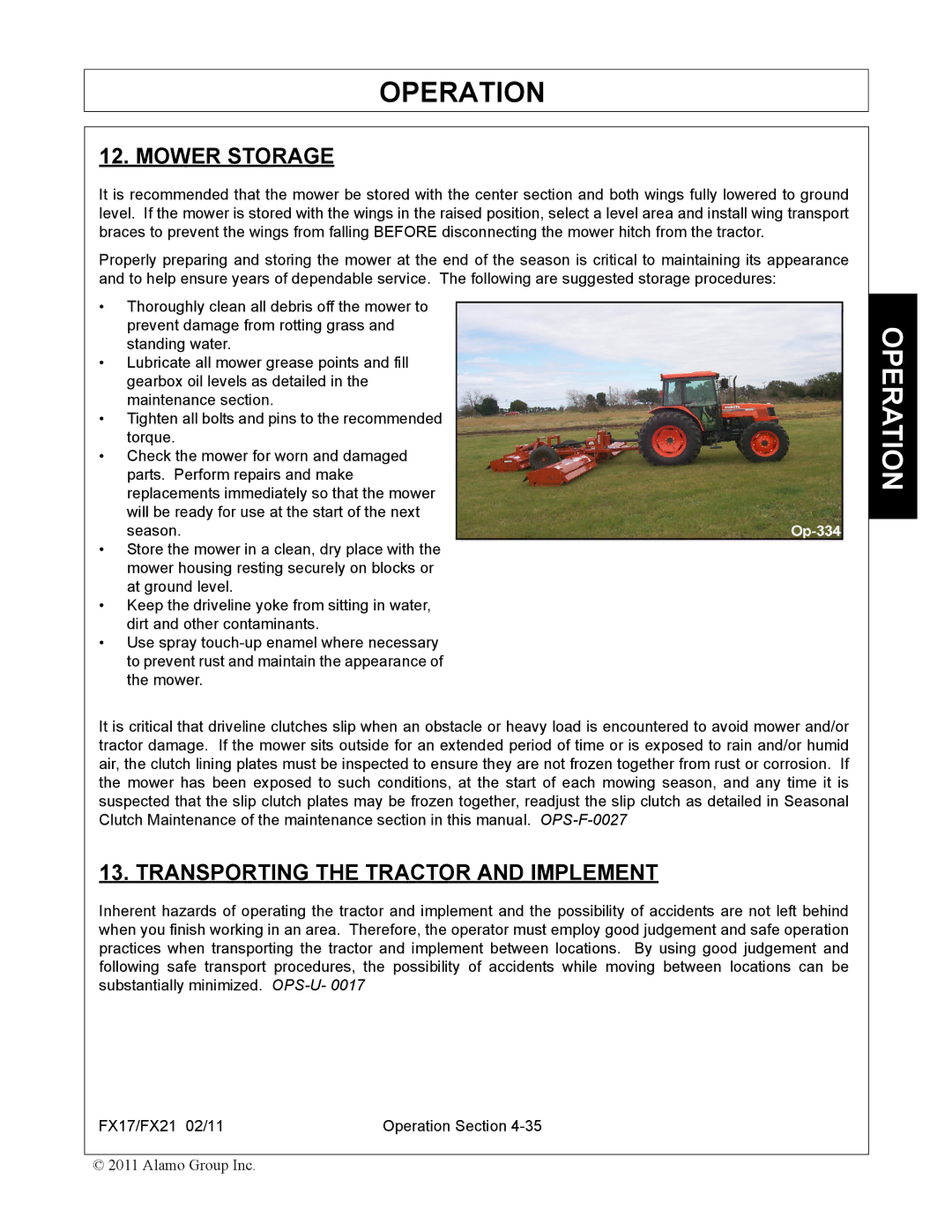 Alamo FX21, FX17 manual Mower Storage, Transporting the Tractor and Implement 