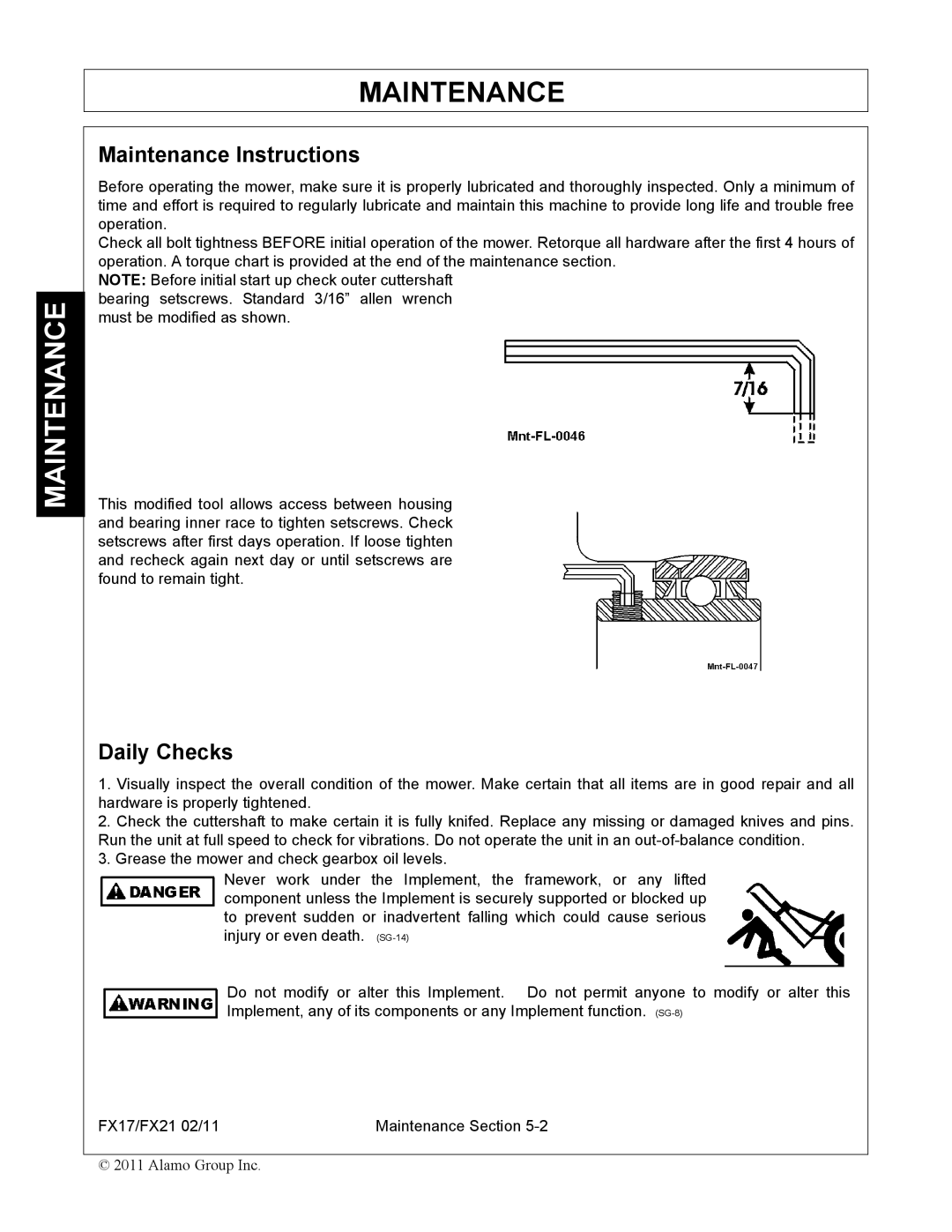 Alamo FX17, FX21 manual Maintenance 