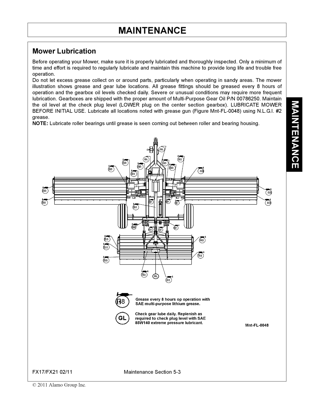 Alamo FX21, FX17 manual Mower Lubrication 