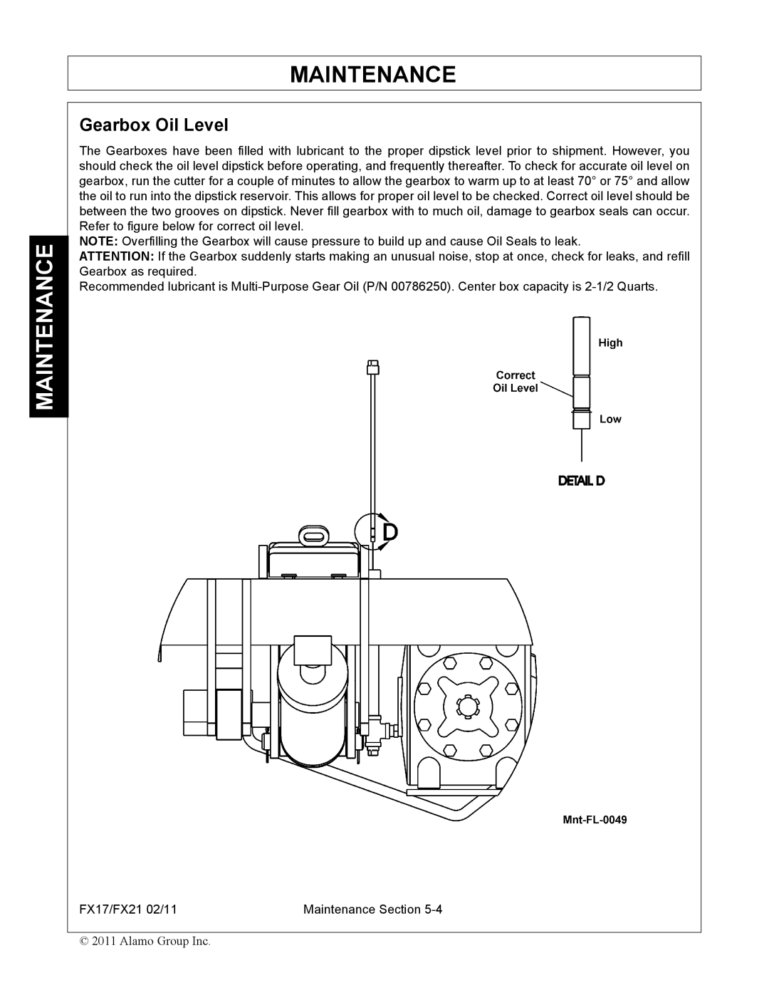 Alamo FX17, FX21 manual Gearbox Oil Level 