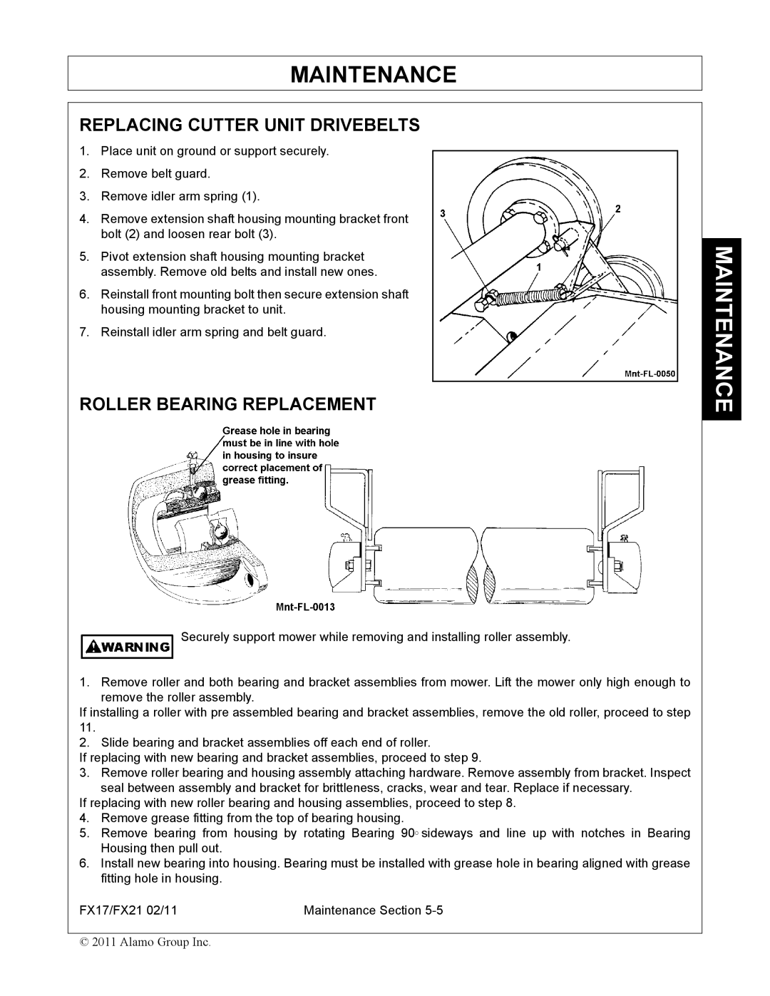 Alamo FX21, FX17 manual Replacing Cutter Unit Drivebelts, Roller Bearing Replacement 