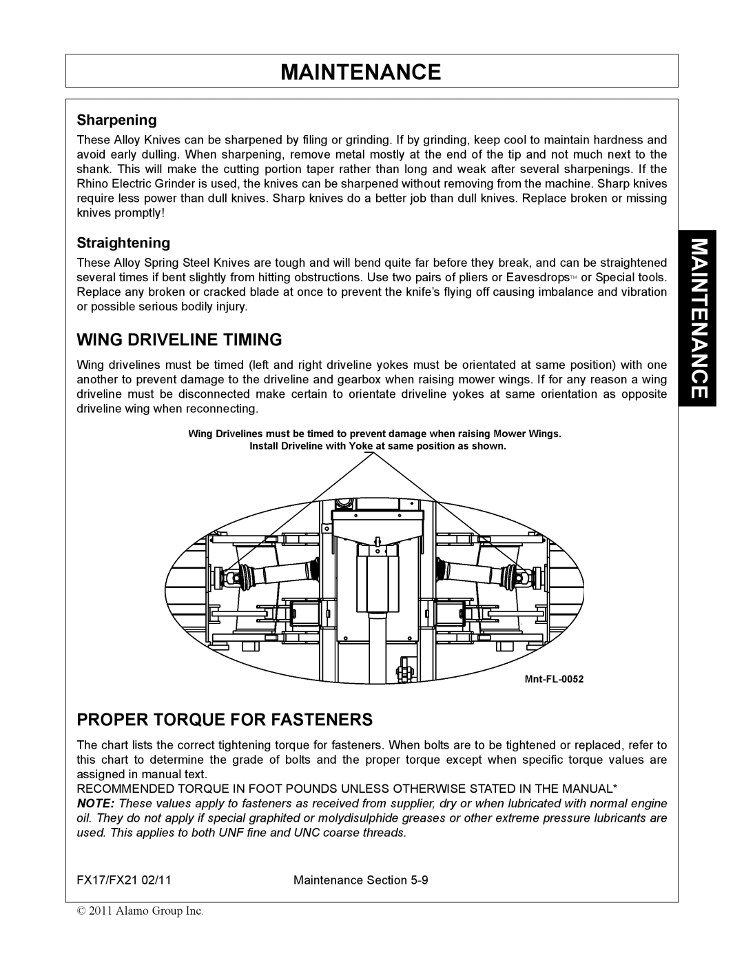 Alamo FX21, FX17 manual Proper Torque for Fasteners, Sharpening, Straightening 