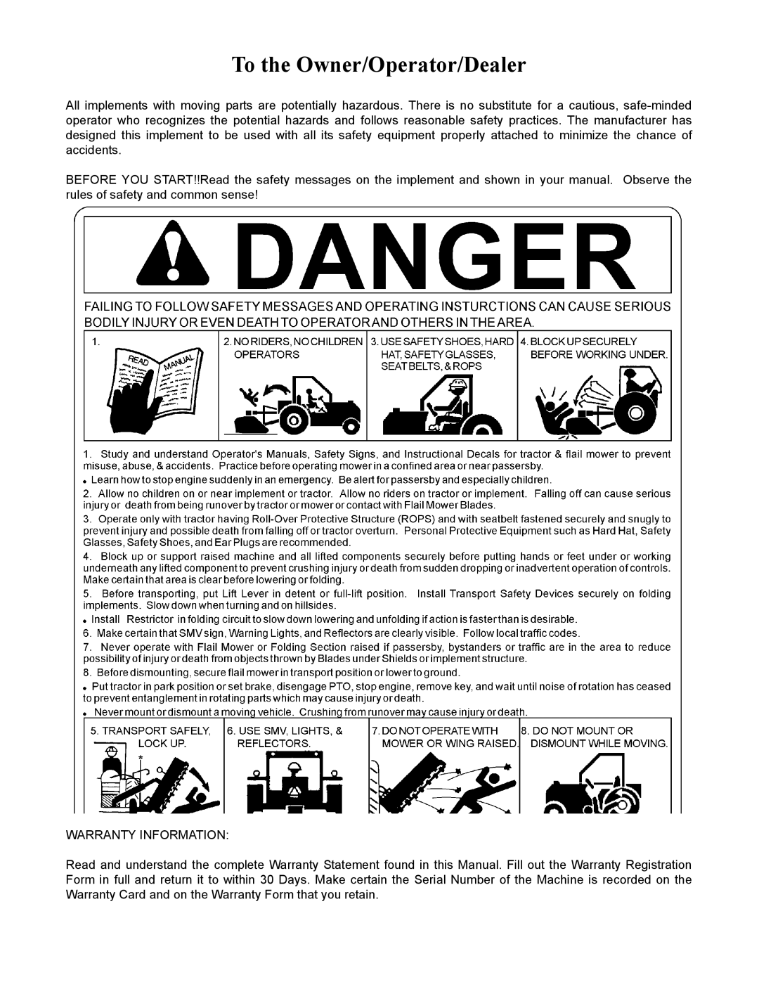 Alamo FX17, FX21 manual To the Owner/Operator/Dealer, Warranty Information 