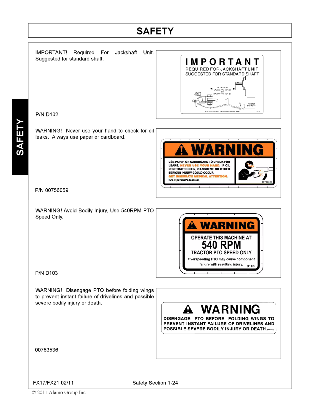 Alamo FX17, FX21 manual Safety 