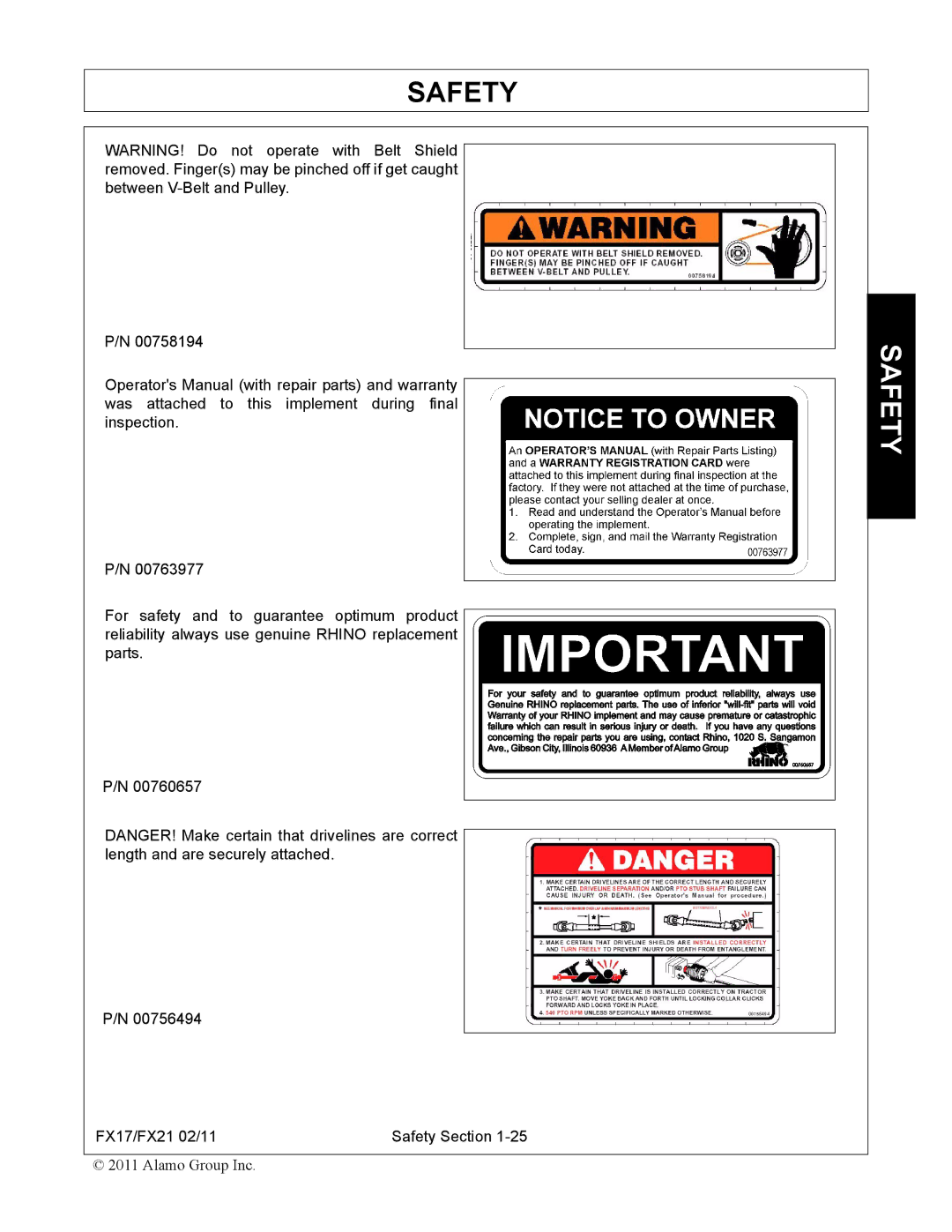 Alamo FX21, FX17 manual Safety 