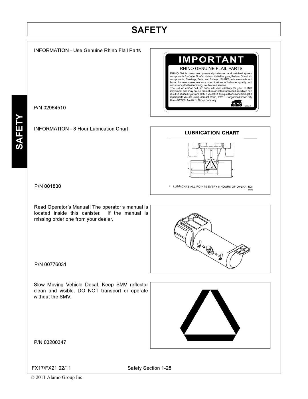 Alamo FX17, FX21 manual Safety 