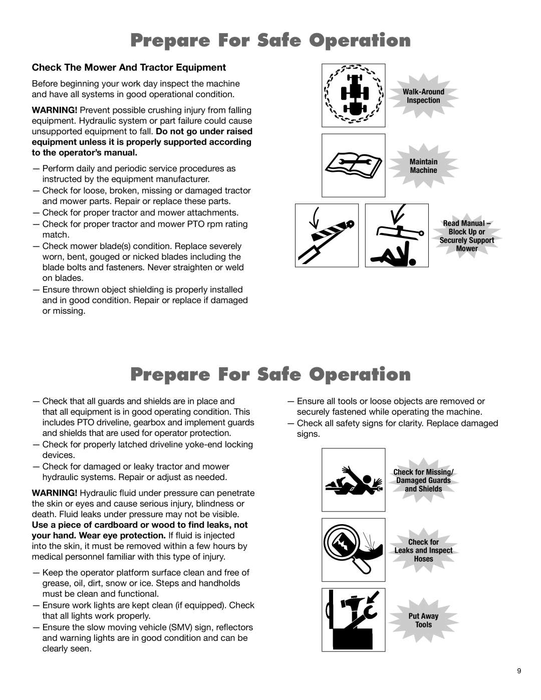 Alamo FX21, FX17 manual Prepare For Safe Operation, Check The Mower And Tractor Equipment 