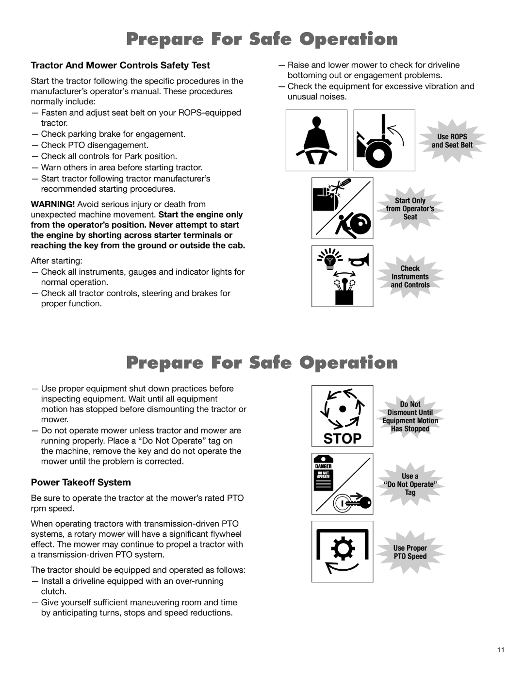 Alamo FX21, FX17 manual Tractor And Mower Controls Safety Test, Power Takeoff System 