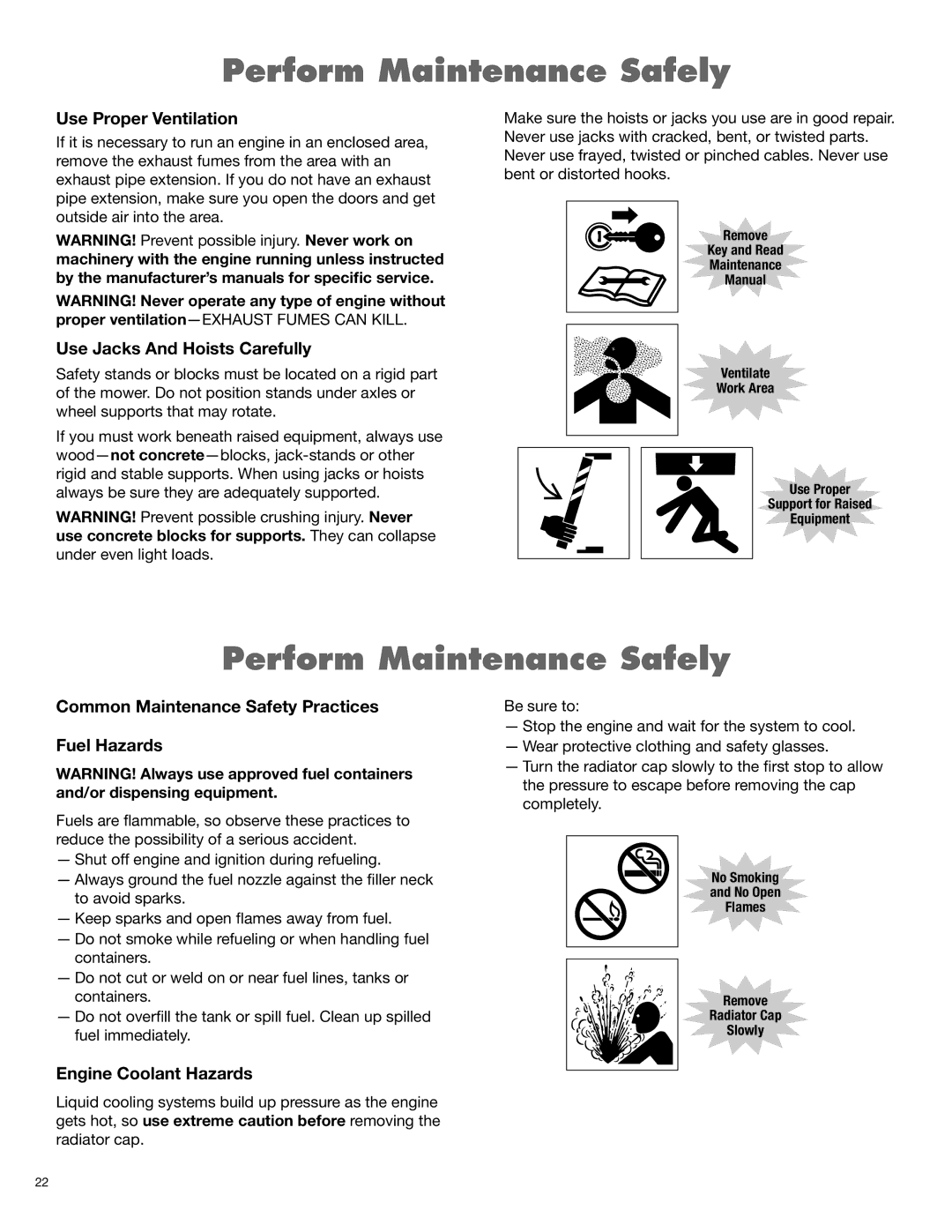 Alamo FX17, FX21 Use Proper Ventilation, Use Jacks And Hoists Carefully, Common Maintenance Safety Practices Fuel Hazards 