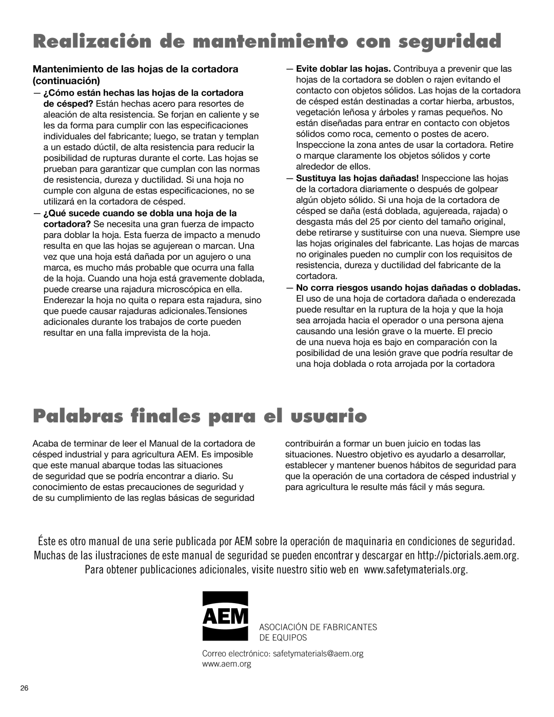 Alamo FX17, FX21 manual Palabras ﬁnales para el usuario, Mantenimiento de las hojas de la cortadora continuación 