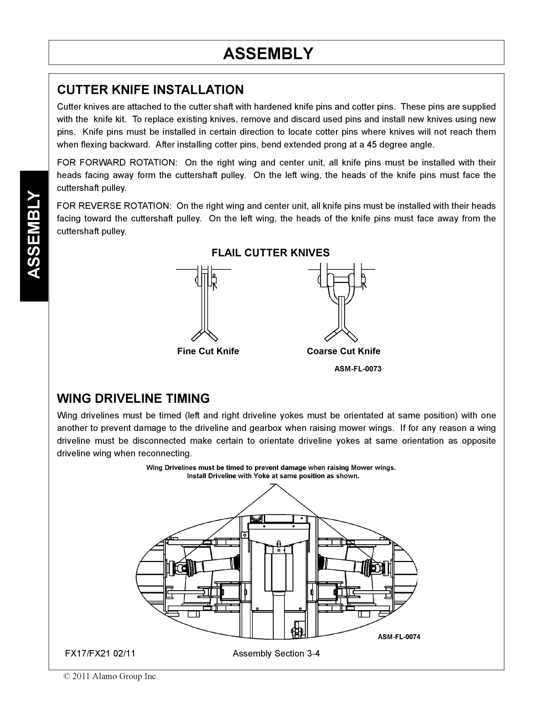 Alamo FX17, FX21 manual Cutter Knife Installation, Wing Driveline Timing 