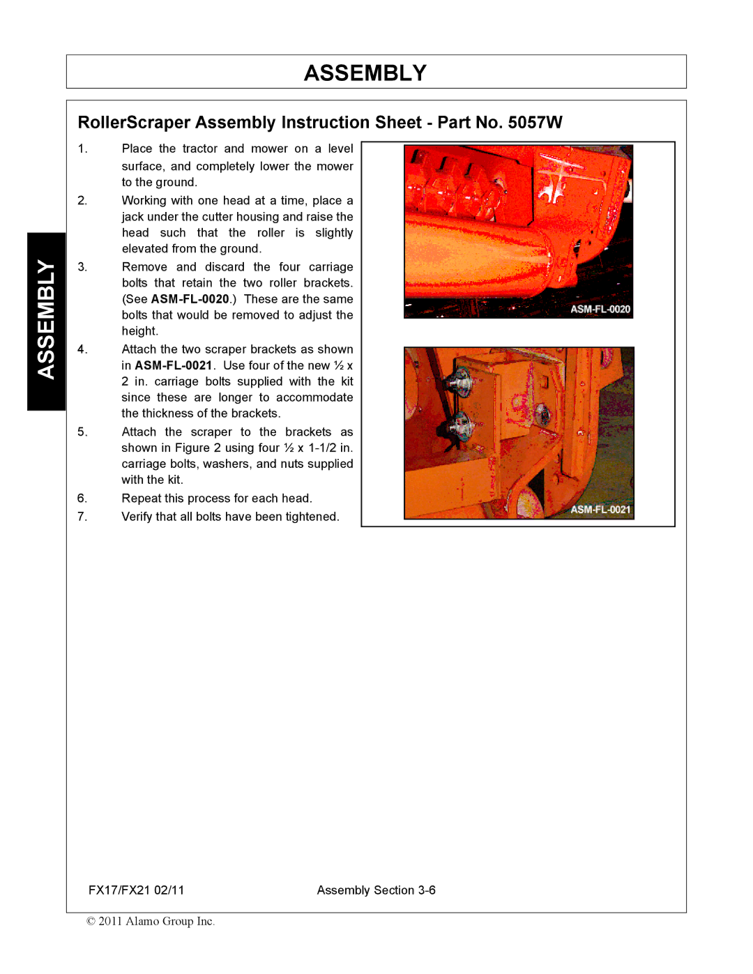 Alamo FX17, FX21 manual RollerScraper Assembly Instruction Sheet Part No W 