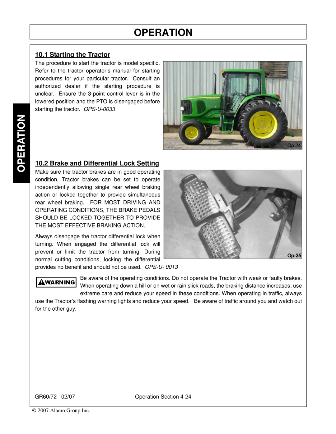 Alamo GR60, GR72 manual Starting the Tractor, Brake and Differential Lock Setting 