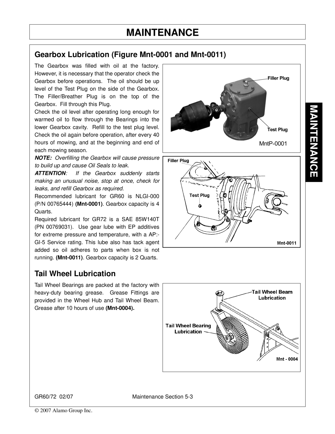 Alamo GR72, GR60 manual Gearbox Lubrication Figure Mnt-0001 and Mnt-0011, Tail Wheel Lubrication 