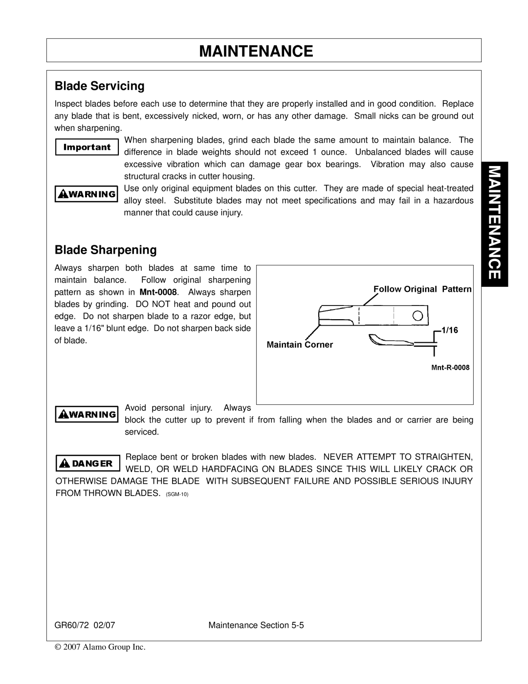 Alamo GR72, GR60 manual Blade Servicing, Blade Sharpening 