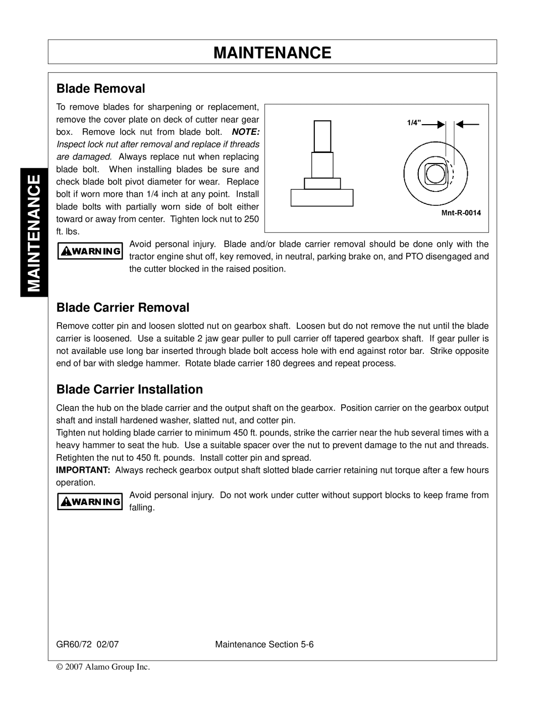 Alamo GR60, GR72 manual Blade Removal, Blade Carrier Removal, Blade Carrier Installation 