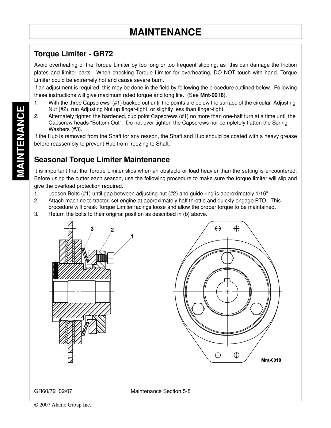 Alamo GR60 manual Torque Limiter GR72, Seasonal Torque Limiter Maintenance 