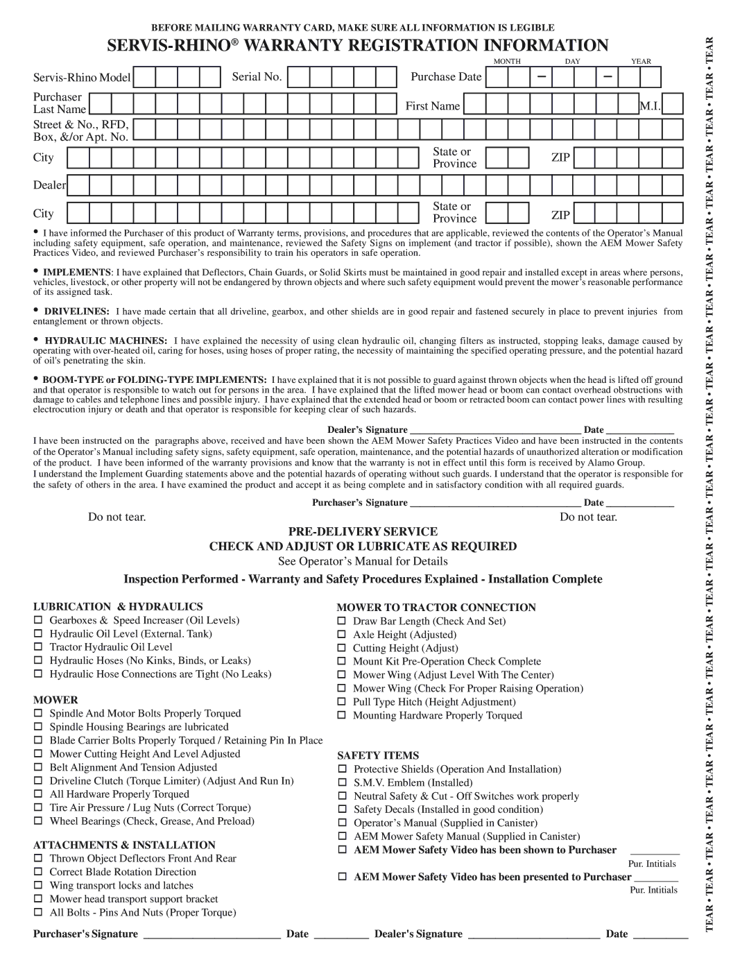 Alamo GR60, GR72 manual SERVIS-RHINOWARRANTY Registration Information 