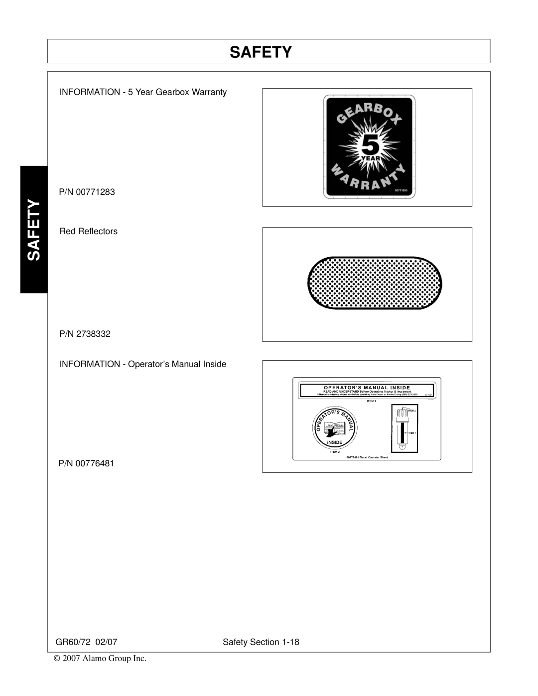 Alamo GR60, GR72 manual Safety 