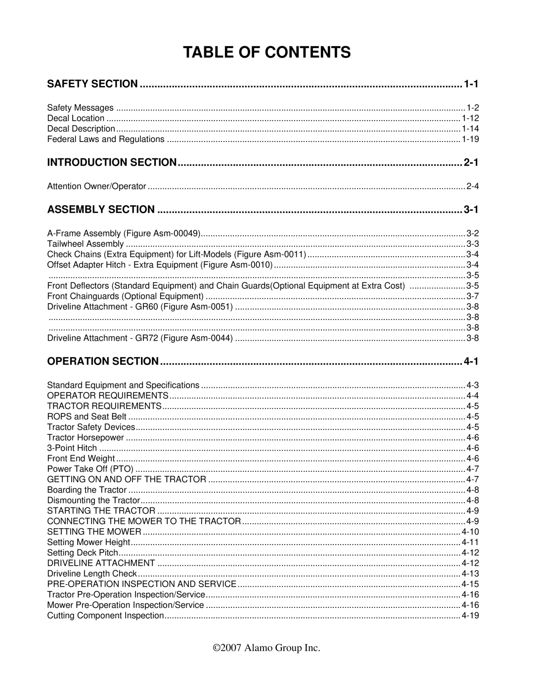 Alamo GR72, GR60 manual Table of Contents 