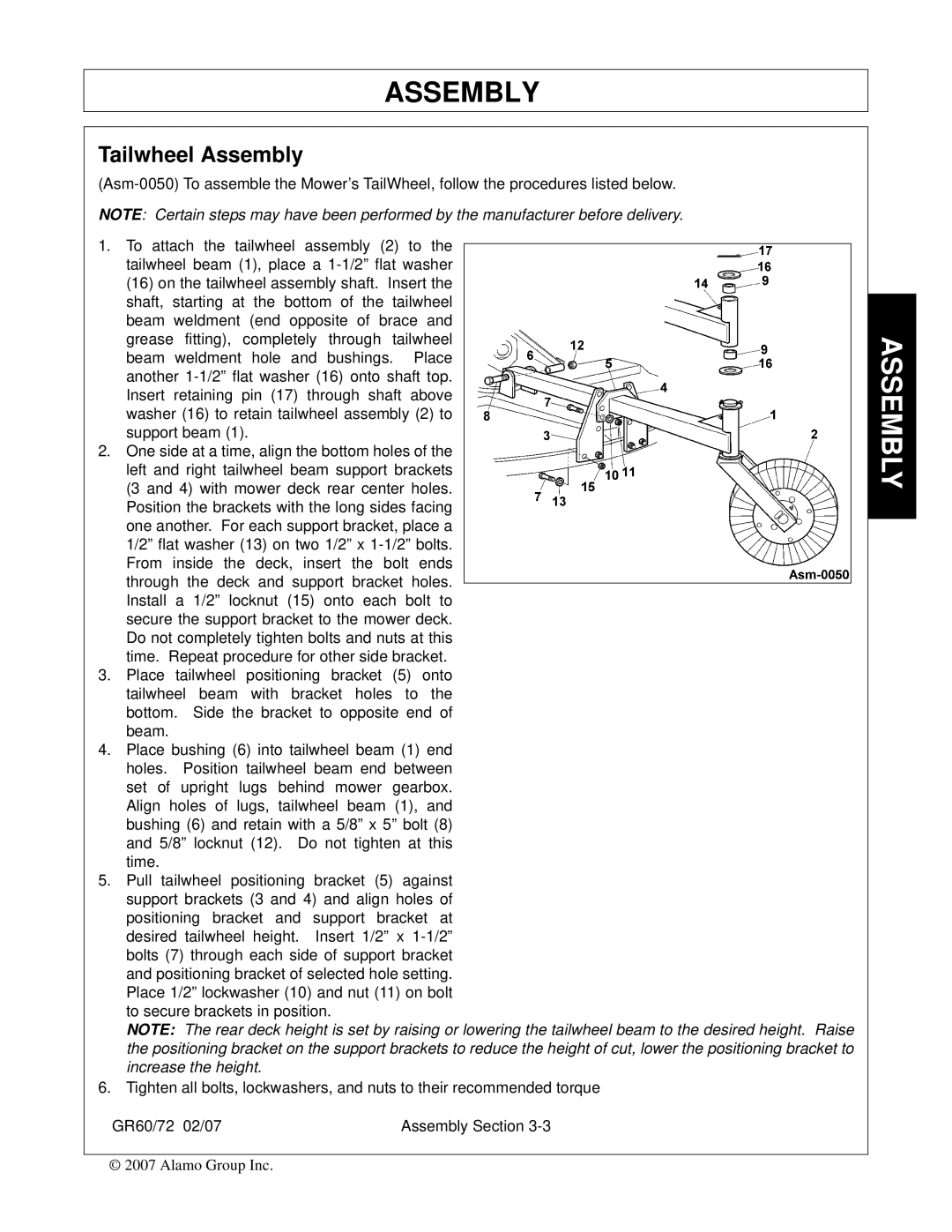 Alamo GR72, GR60 manual Tailwheel Assembly 