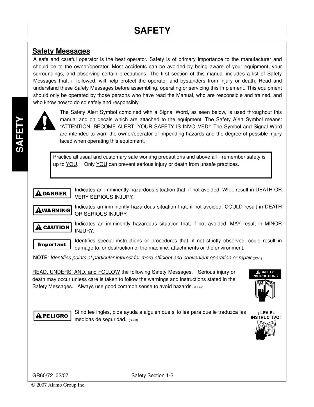 Alamo GR60, GR72 manual Safety Messages 