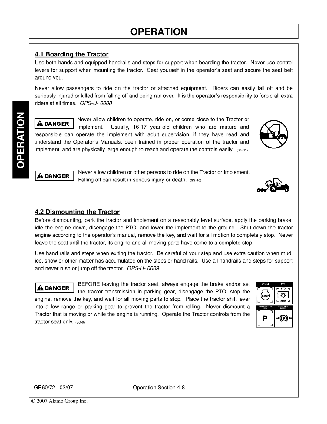 Alamo GR60, GR72 manual Boarding the Tractor, Dismounting the Tractor 