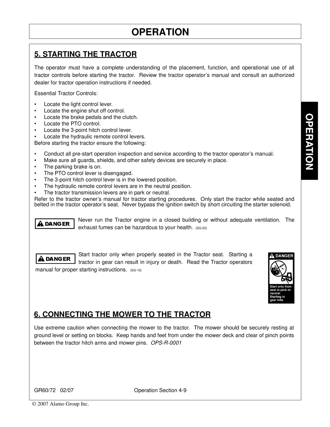 Alamo GR72, GR60 manual Starting the Tractor, Connecting the Mower to the Tractor 