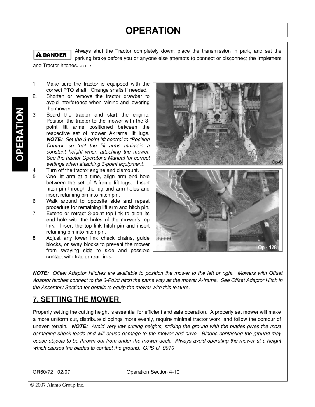 Alamo GR60, GR72 manual Setting the Mower 