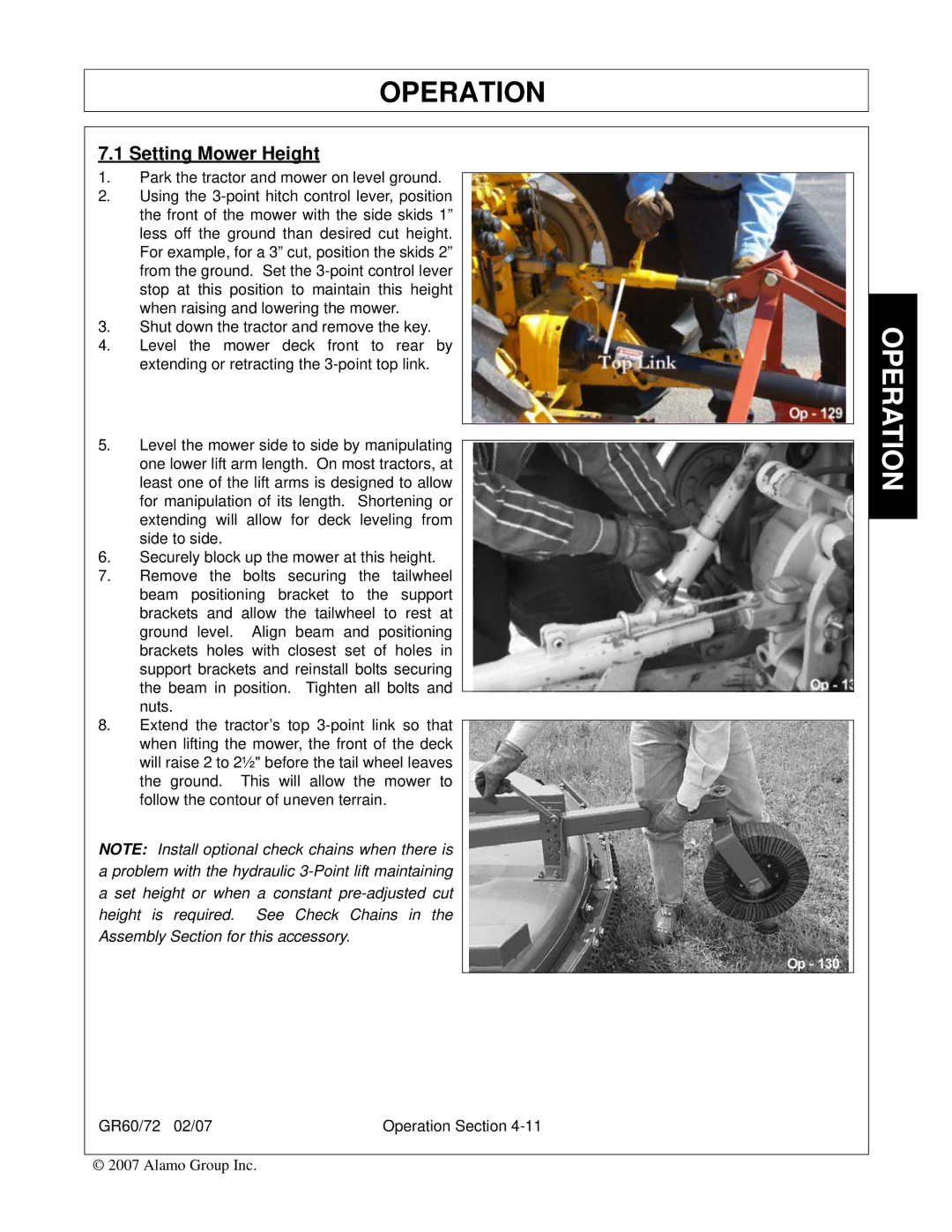 Alamo GR72, GR60 manual Setting Mower Height 