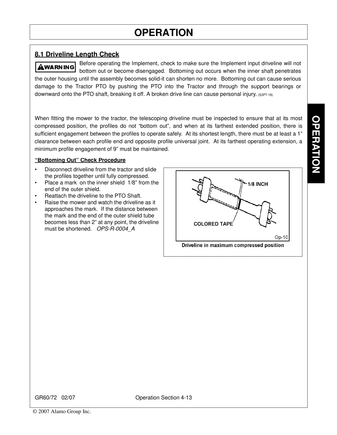 Alamo GR72, GR60 manual Driveline Length Check, Bottoming Out Check Procedure 