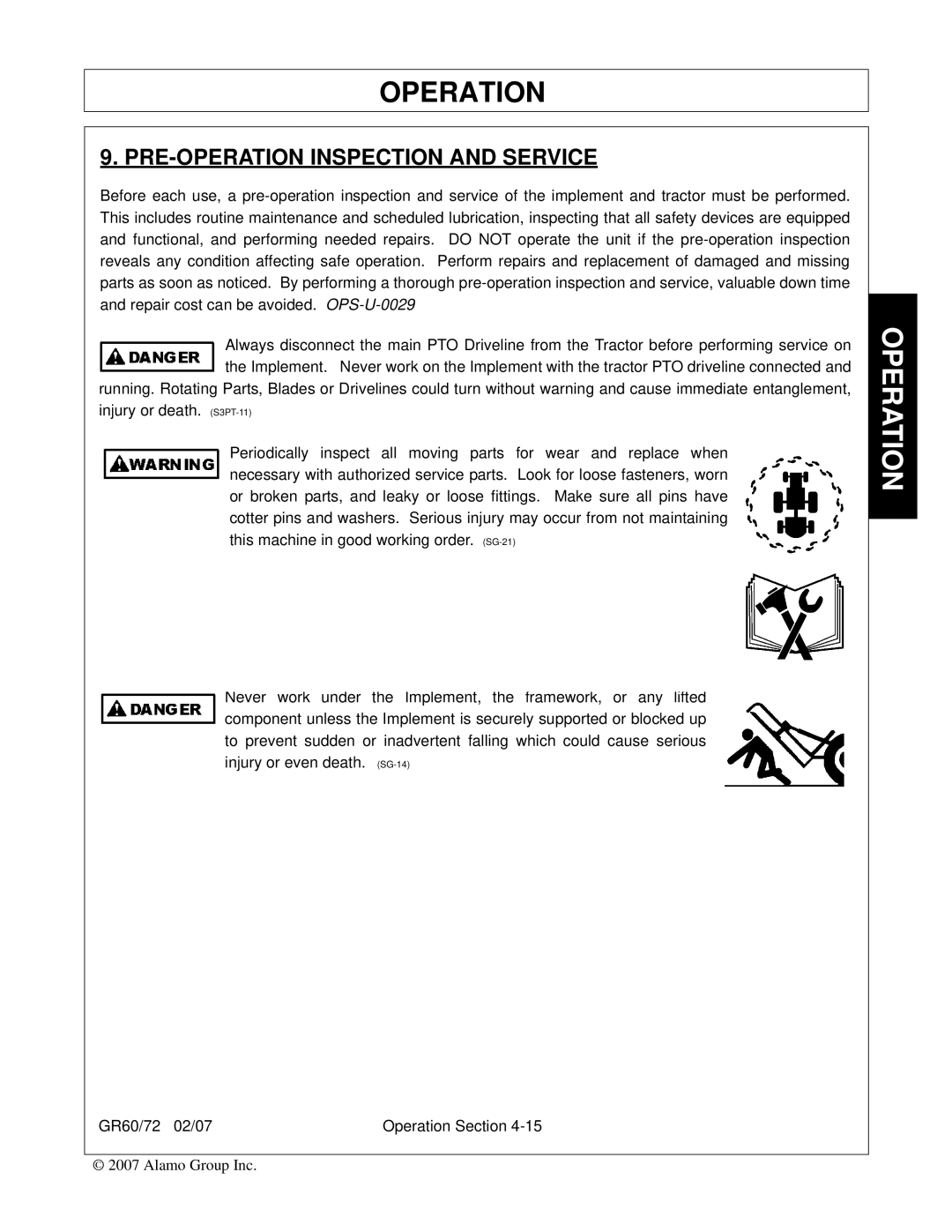 Alamo GR72, GR60 manual PRE-OPERATION Inspection and Service 