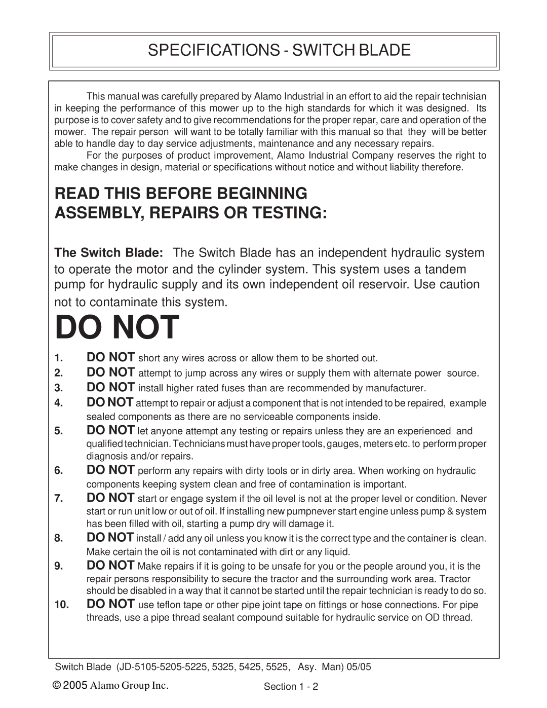 Alamo JD-5105, JD-5525, JD-5425, JD-5225, JD-5205, JD-5325 manual Do not 