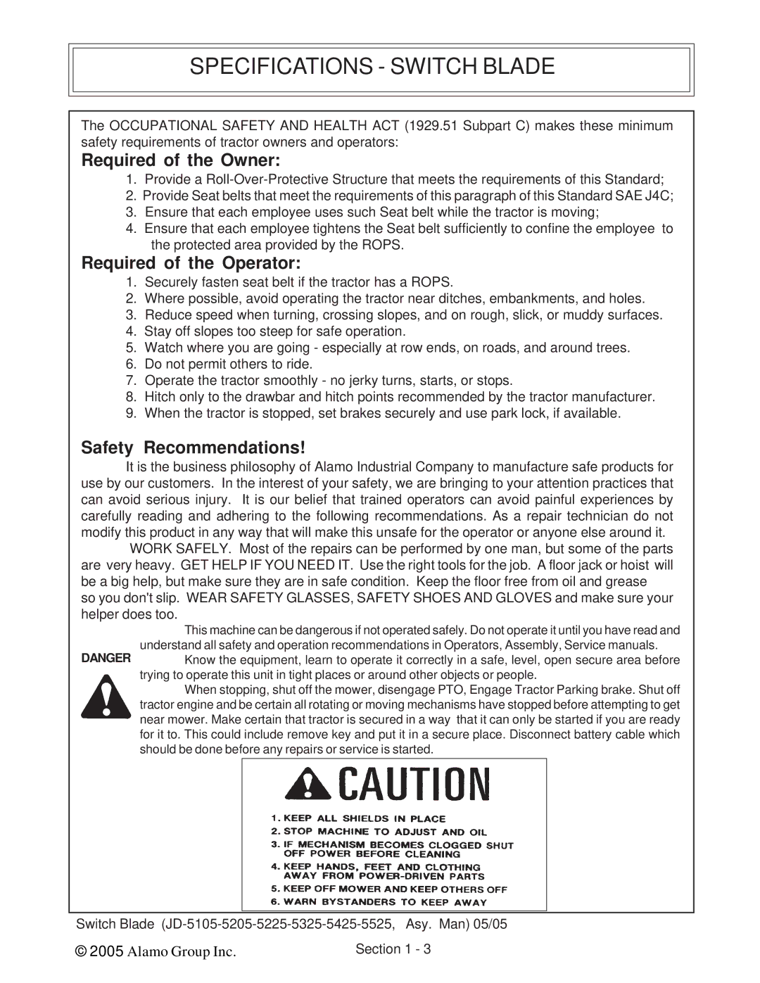 Alamo JD-5325, JD-5525, JD-5425, JD-5225, JD-5205 Required of the Owner, Required of the Operator, Safety Recommendations 