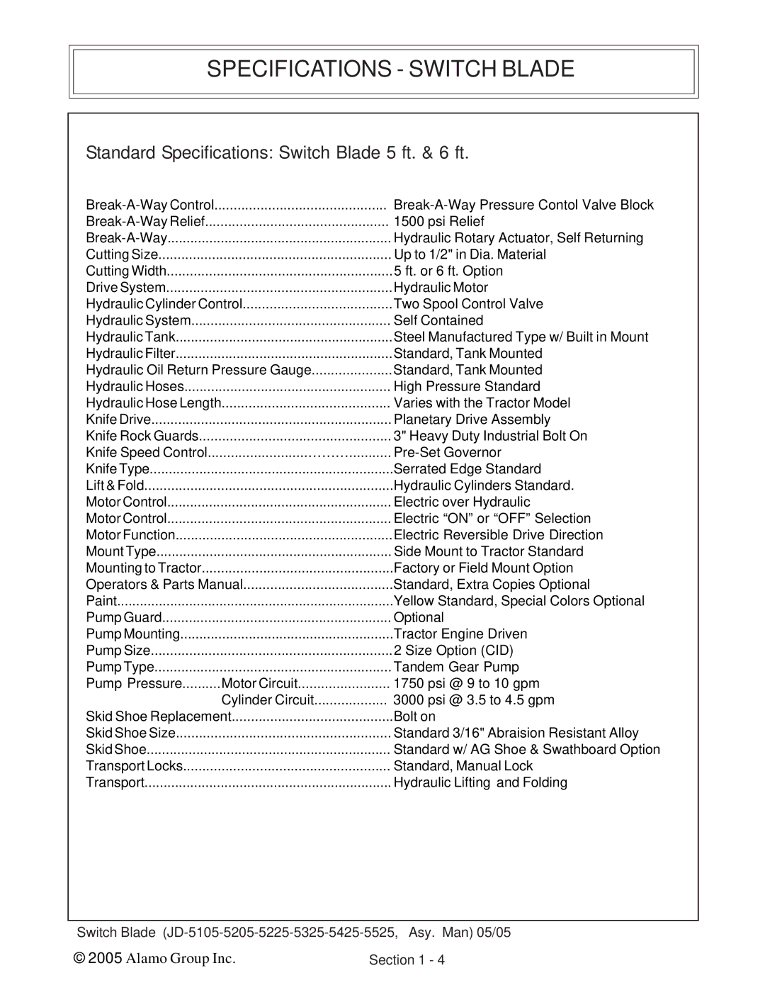 Alamo JD-5525, JD-5425, JD-5225, JD-5205, JD-5105, JD-5325 manual Standard Specifications Switch Blade 5 ft. & 6 ft 