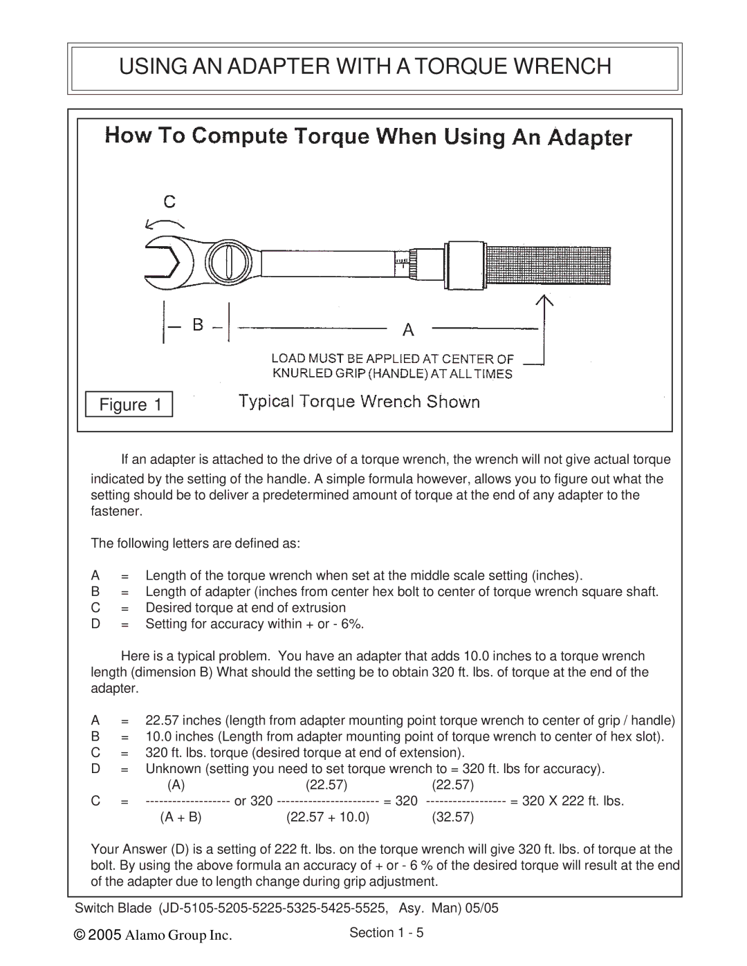 Alamo JD-5425, JD-5525, JD-5225, JD-5205, JD-5105, JD-5325 manual Using AN Adapter with a Torque Wrench 