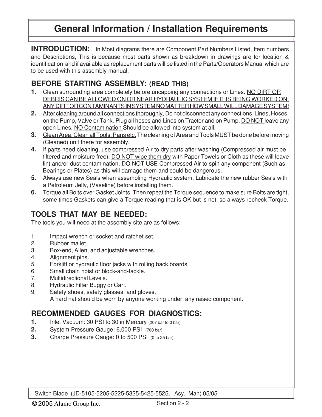 Alamo JD-5105, JD-5525, JD-5425, JD-5225, JD-5205, JD-5325 manual General Information / Installation Requirements 