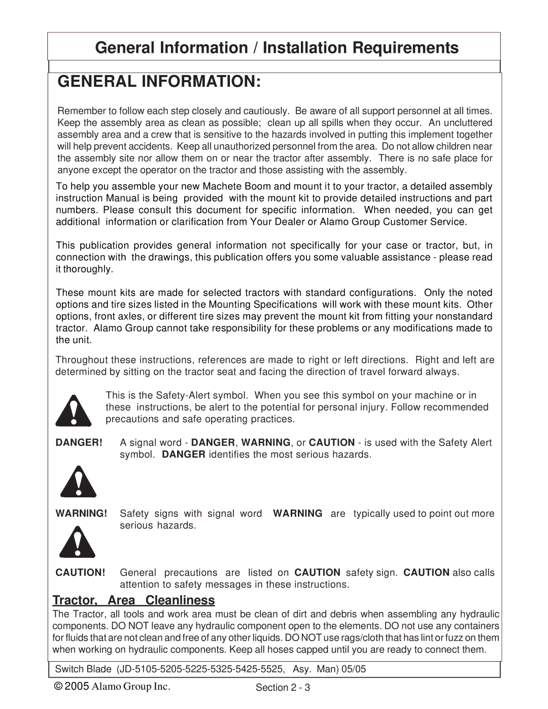 Alamo JD-5325, JD-5525, JD-5425, JD-5225, JD-5205, JD-5105 manual General Information, Tractor, Area Cleanliness 