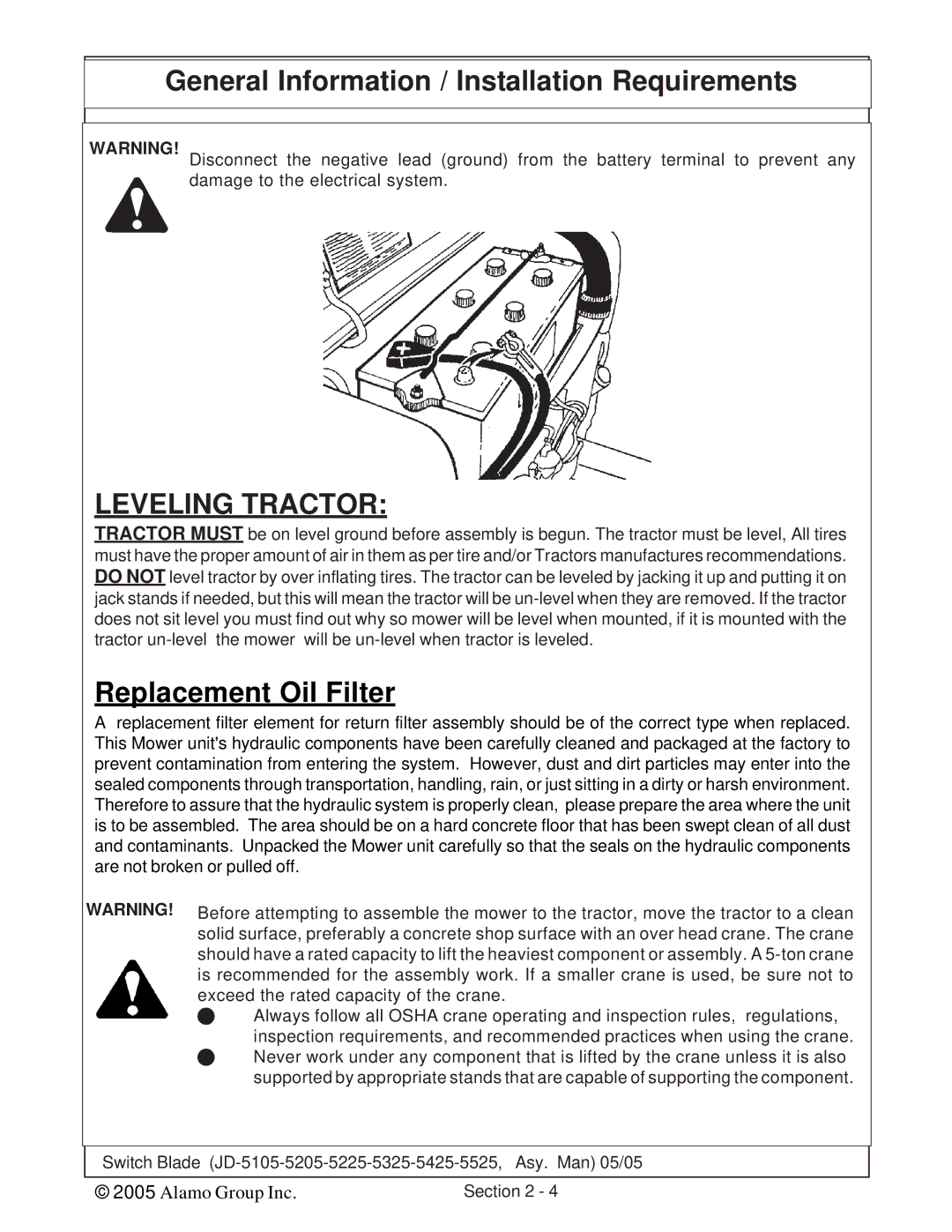 Alamo JD-5525, JD-5425, JD-5225, JD-5205, JD-5105, JD-5325 manual Leveling Tractor 