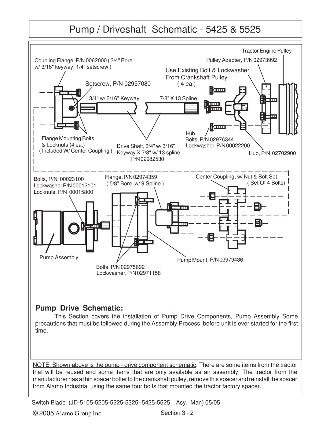 Alamo JD-5105, JD-5525, JD-5425 Pump / Driveshaft Schematic 5425, Use Existing Bolt & Lockwasher From Crankshaft Pulley 