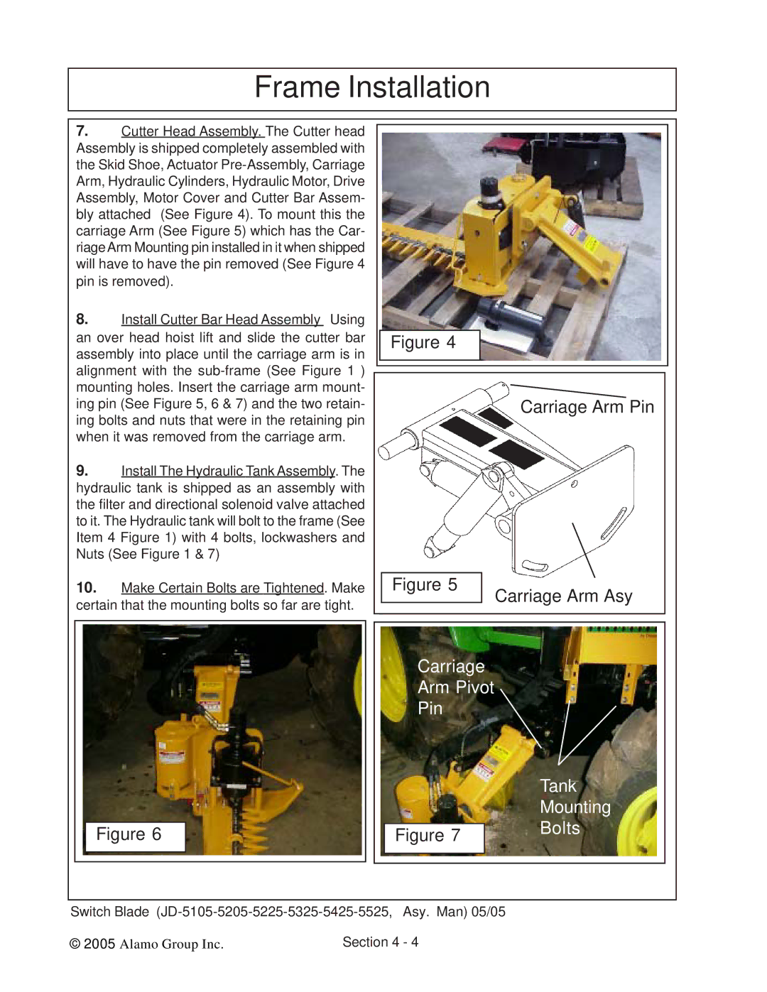 Alamo JD-5525, JD-5425, JD-5225, JD-5205, JD-5105, JD-5325 manual Carriage Arm Pivot Pin Tank Mounting Bolts 