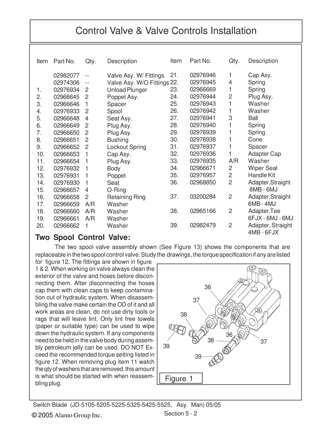 Alamo JD-5105, JD-5525, JD-5425, JD-5225, JD-5205 manual Control Valve & Valve Controls Installation, Two Spool Control Valve 