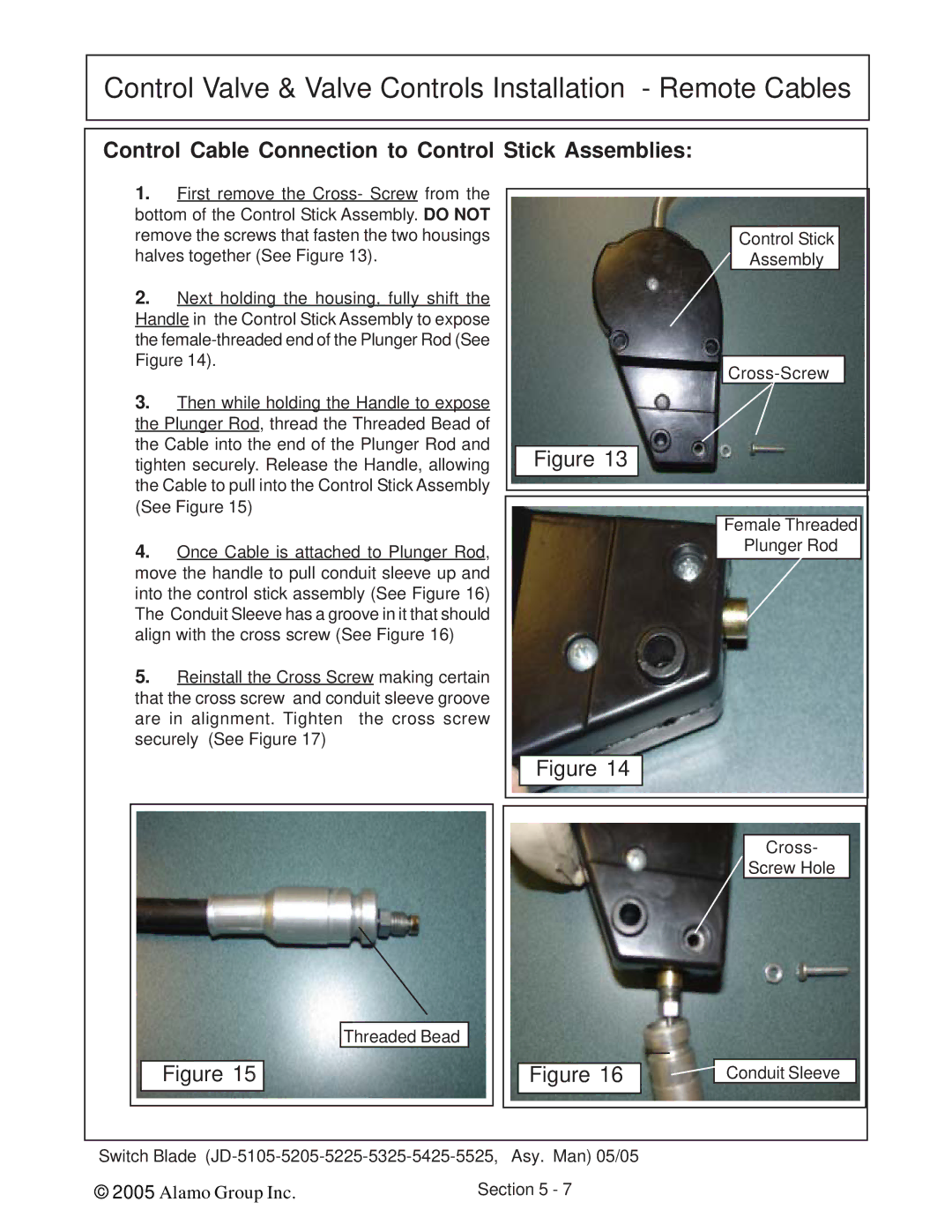 Alamo JD-5205, JD-5525, JD-5425, JD-5225, JD-5105, JD-5325 manual Control Valve & Valve Controls Installation Remote Cables 