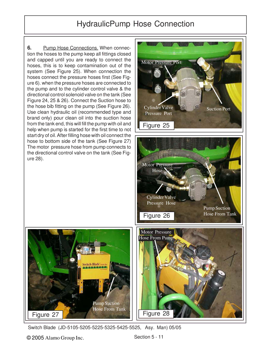 Alamo JD-5425, JD-5525, JD-5225, JD-5205, JD-5105, JD-5325 manual HydraulicPump Hose Connection 