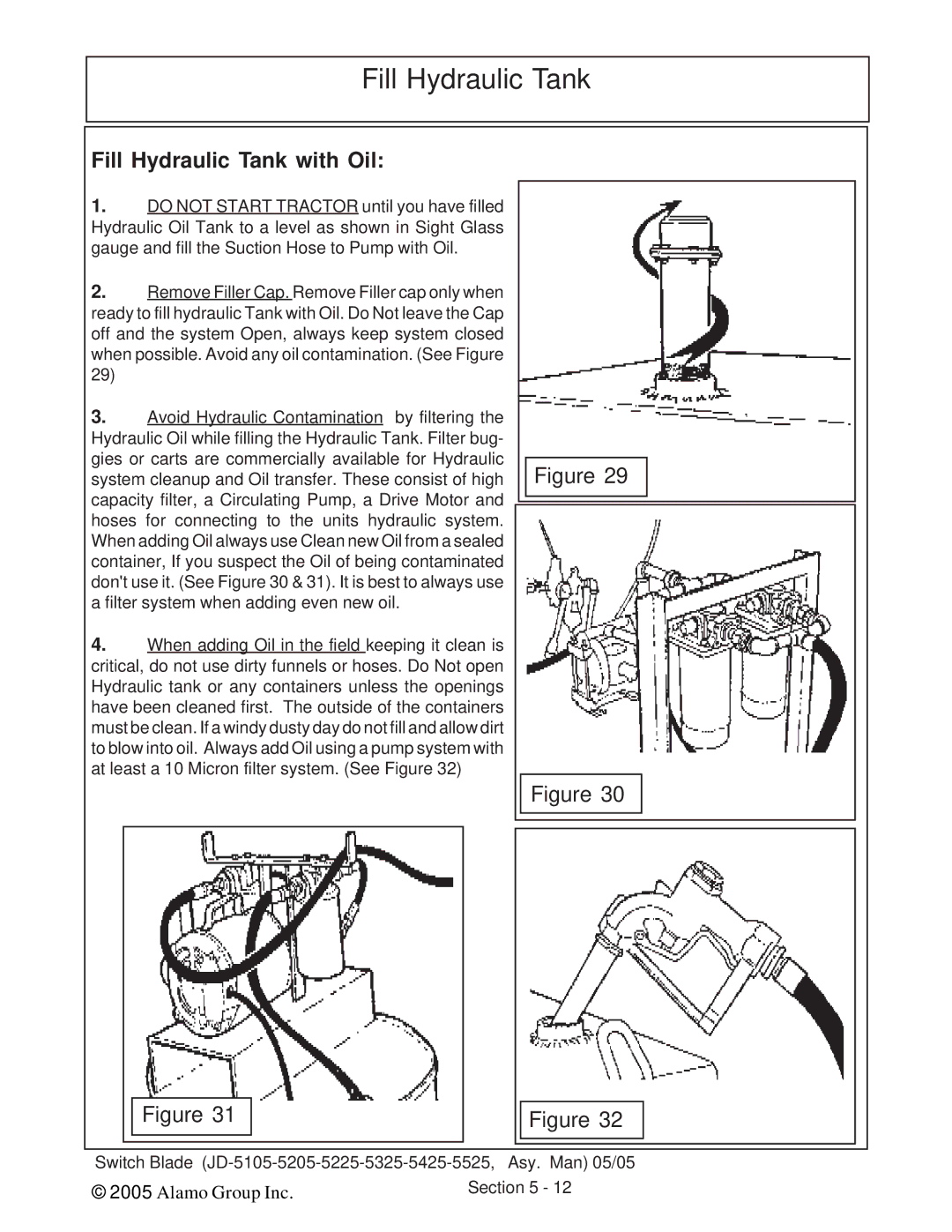 Alamo JD-5225, JD-5525, JD-5425, JD-5205, JD-5105, JD-5325 manual Fill Hydraulic Tank with Oil 