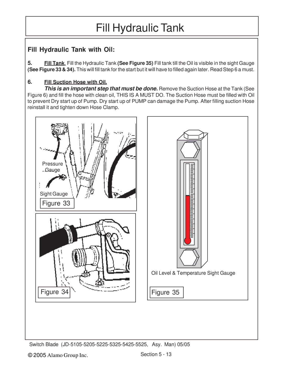 Alamo JD-5205, JD-5525, JD-5425, JD-5225, JD-5105, JD-5325 manual Fill Hydraulic Tank 